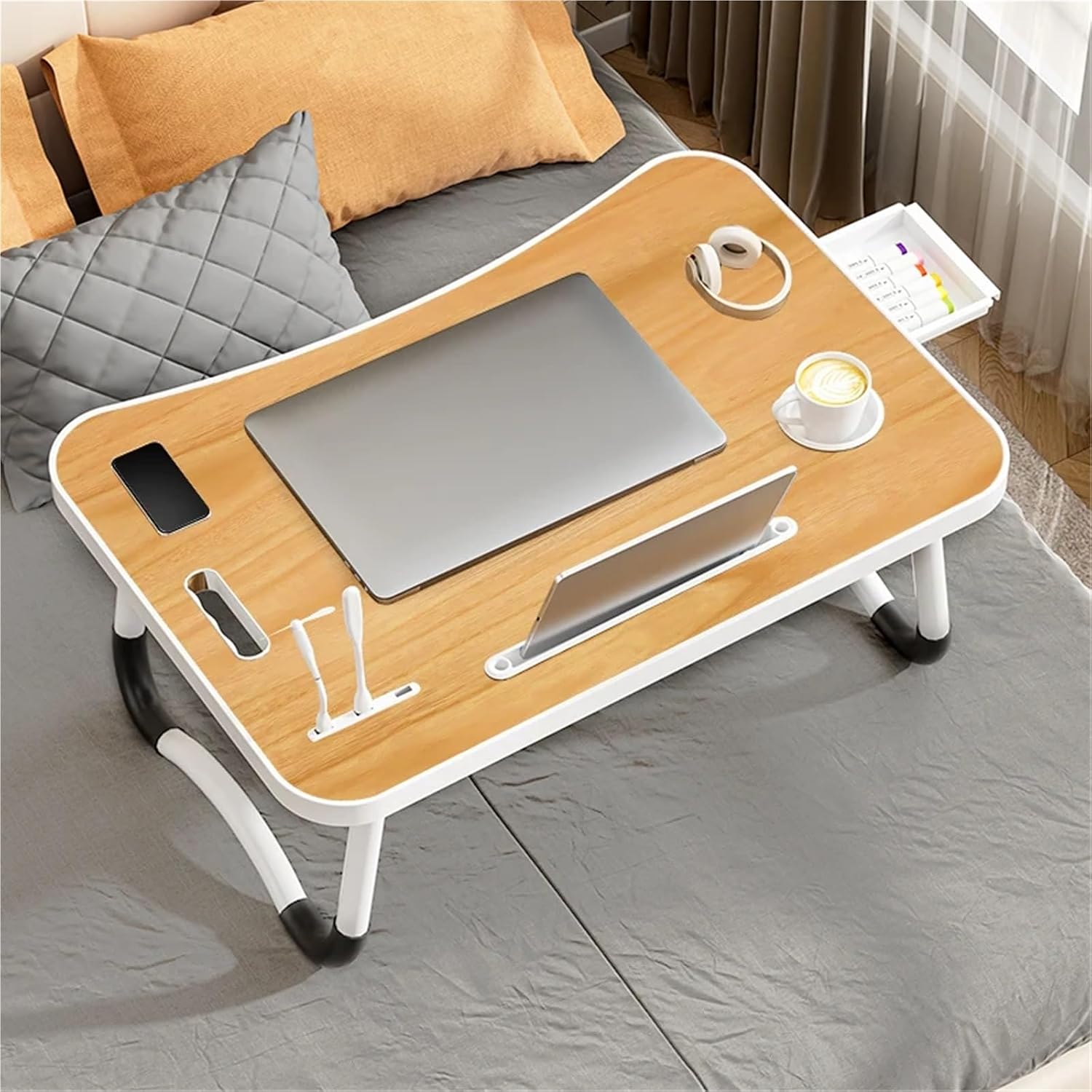 Bed Trays Portable Laptop Desk with USB Light, Small Fan, Cup Holder, Tablet Slot, and Lifting Handle - Foldable for Working