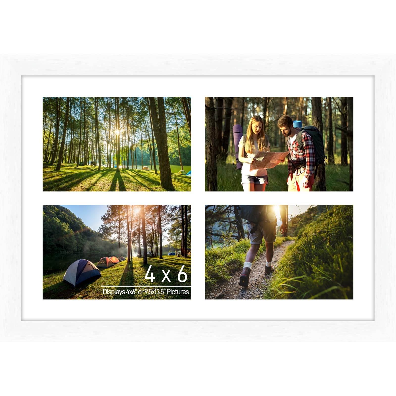 Lacopgr 4"x6" Photo Collage Frame 4 Openings, 9.5"x13.5" Multi Picture Frame Collage Wall Decor, White Frame with White Mat, Wood