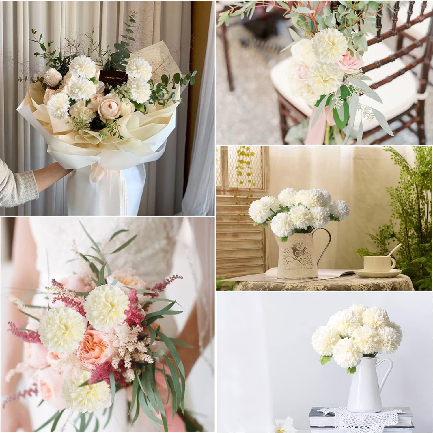 CCINEE 12Pcs Artificial Flowers Chrysanthemum Ball, Silk Floral Arrangement Fake Flowers Bouquet Long Stem Hydrangea for Home Office Coffee House Parties and Wedding Decor (White)