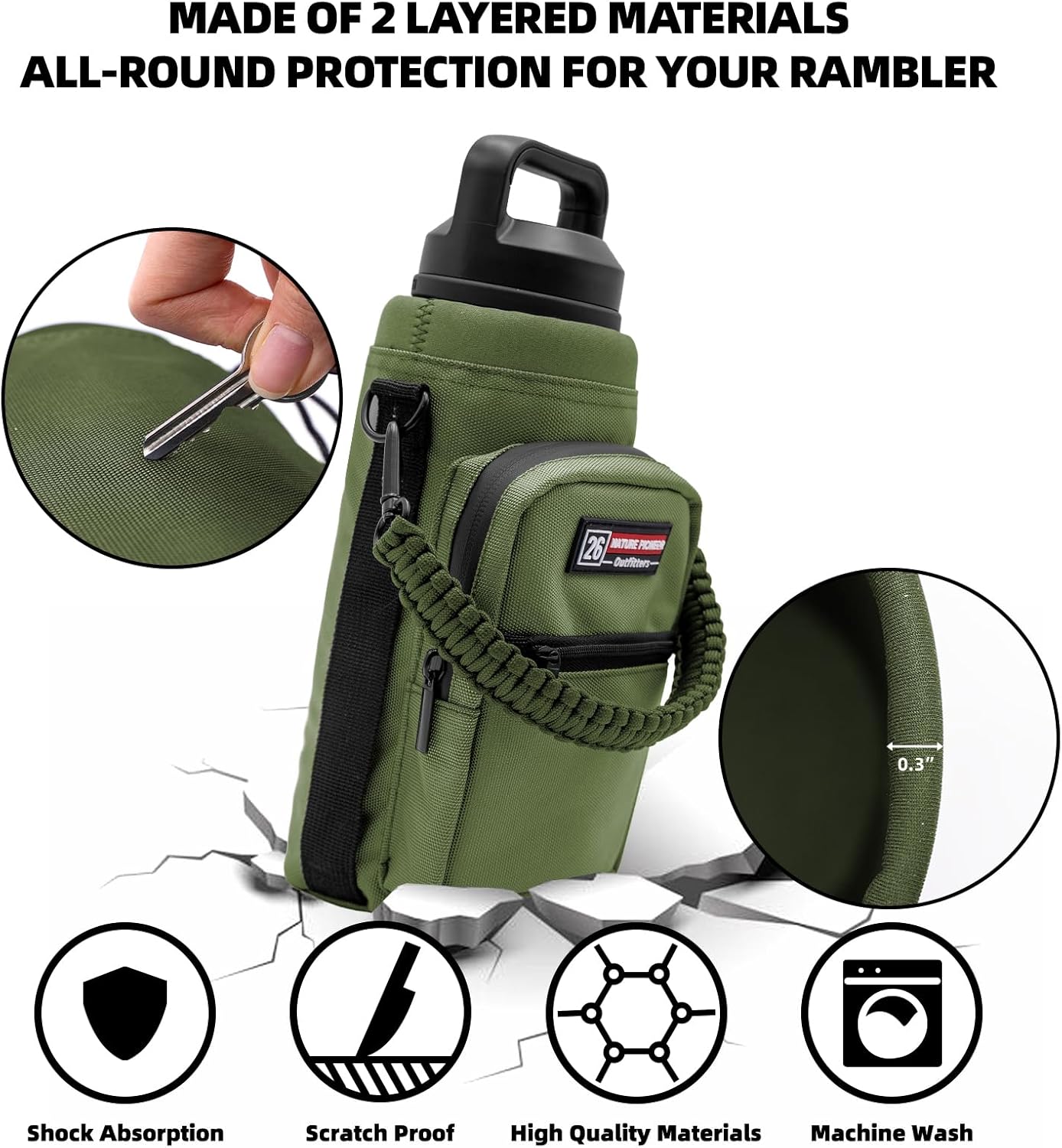 NATURE PIONEOR Water Bottle Holder with Adjustable Strap - 26/32/36/40/46/64oz Insulated Water Bottle Sling Carrier with Paracord Handle & 2 Pockets, Outdoor Sports, Hiking, Camping, Gym - Image 2