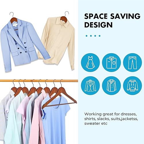 Miniatura 7 de JS HOME Paquete de 20 perchas de madera resistente con acabado extra suave, muescas cortadas con precisión y gancho giratorio negro de 360 grados,