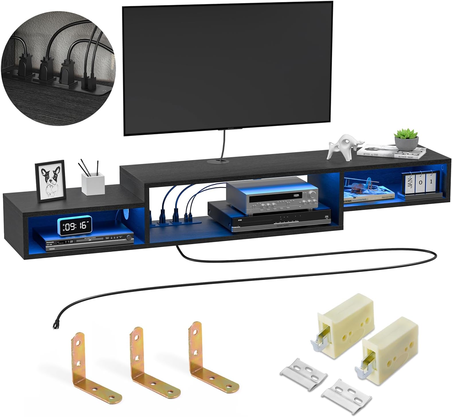 FABATO 59'' Floating TV Stand with LED Light Power Outlet, Floating Shelf for Under TV Wall Mount with Storage Shelf, Media Console Entertainment Center for Living Room, Black