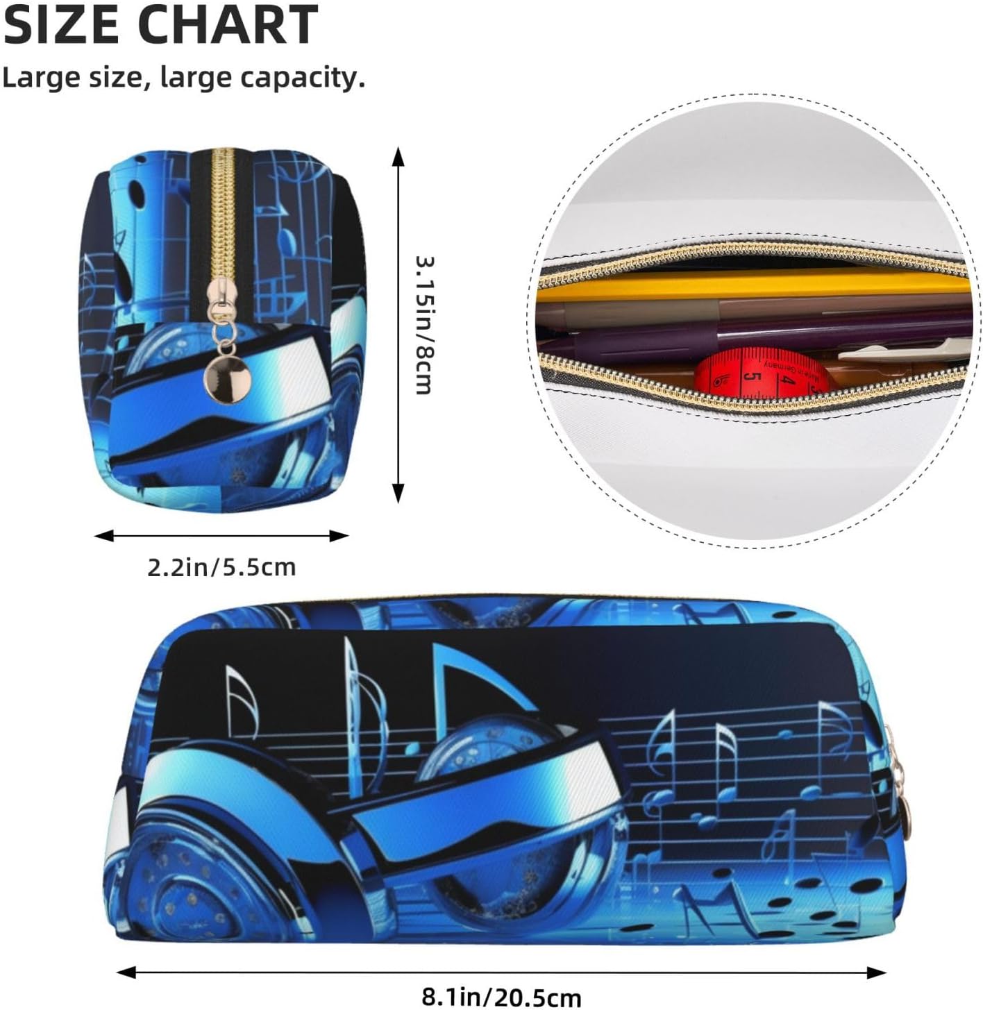 Blue Music Pencil Case Large Capacity Pencil Pouch Aesthetic Pen Bag Leather Makeup Bag for Women Men Travel Toiletry Bags Zipper Cosmetic Bag Wide-open Coin Pouch Purse image 4