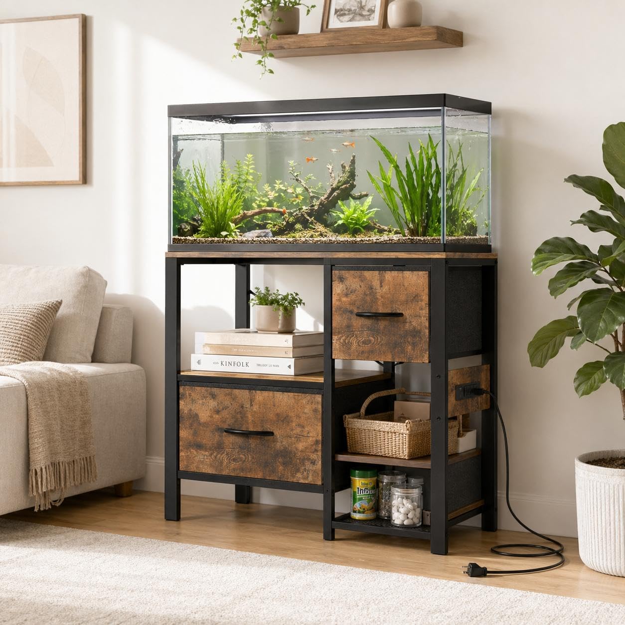 20-37 Gallon Aquarium Stand with Power Outlets & 2 Storage Drawers, Heavy Duty Metal Fish Tank Stand for Fish Tank Accessories, 3 Tier Tank Stand Fish Tank Shelf, 400lbs Capacity, Rustic Brown
