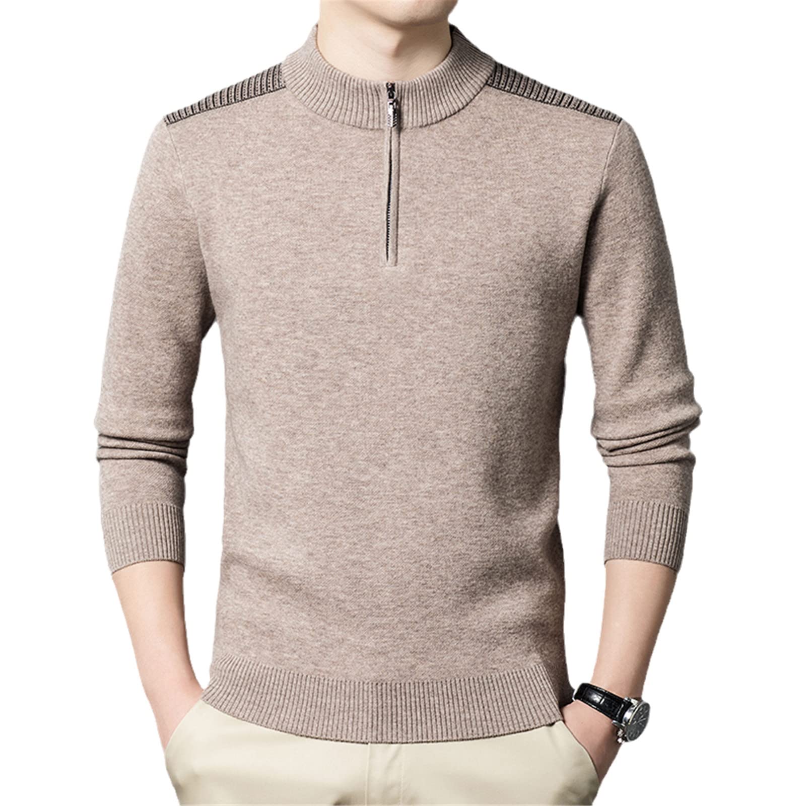 Pull épais pour homme en maille unie camel zippée chaude taille M - 5
