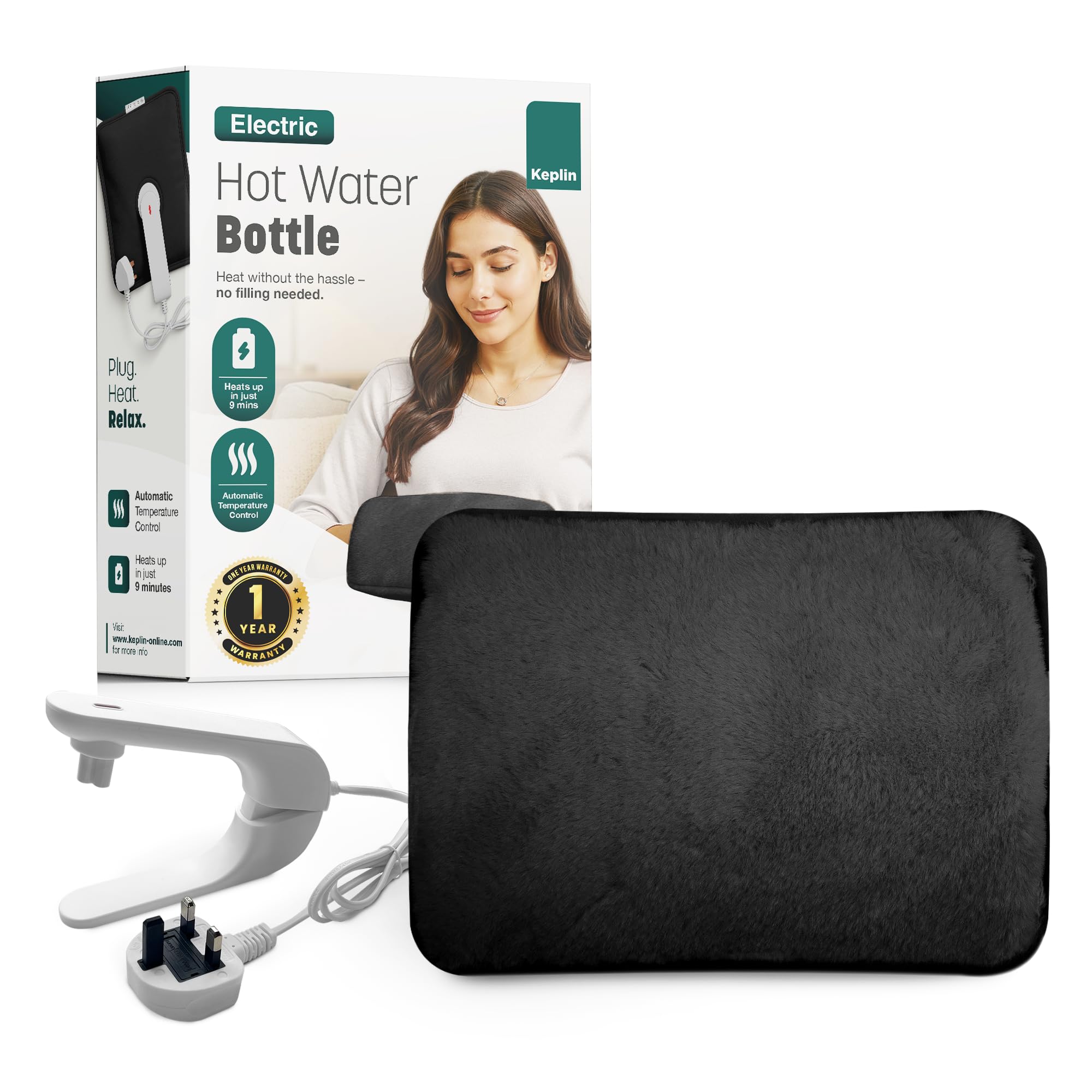 KEPLIN Rechargeable Electric Hot Water Bottle Soft & Cosy Bed, Hand & Body Warmer - Fast Heating, Auto-Shut Off Function, Over-Heat Protection & No Refill Heat Pad (Black)