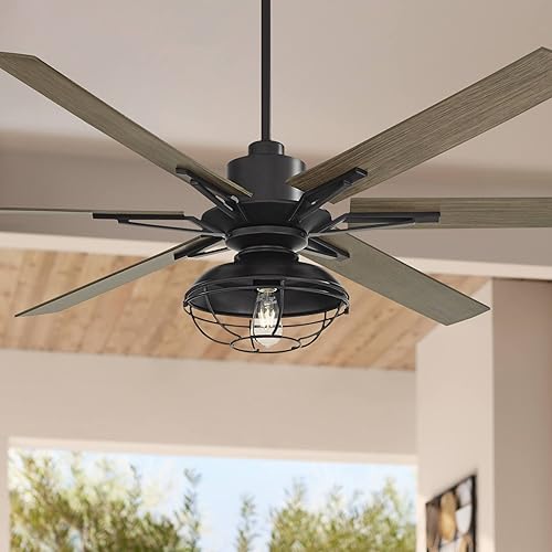 Casa Vieja Expedición - Ventilador de techo moderno industrial rústico para exteriores con luz LED, control remoto, jaula de madera de roble negro