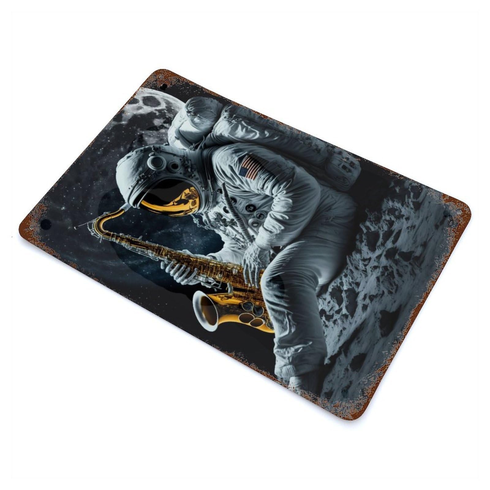 Astronaut Saxophone 11.8"x7.9" Rustic Tin Plaque, Novelty Wall Decor for Living Room, Hallway And Home Decor