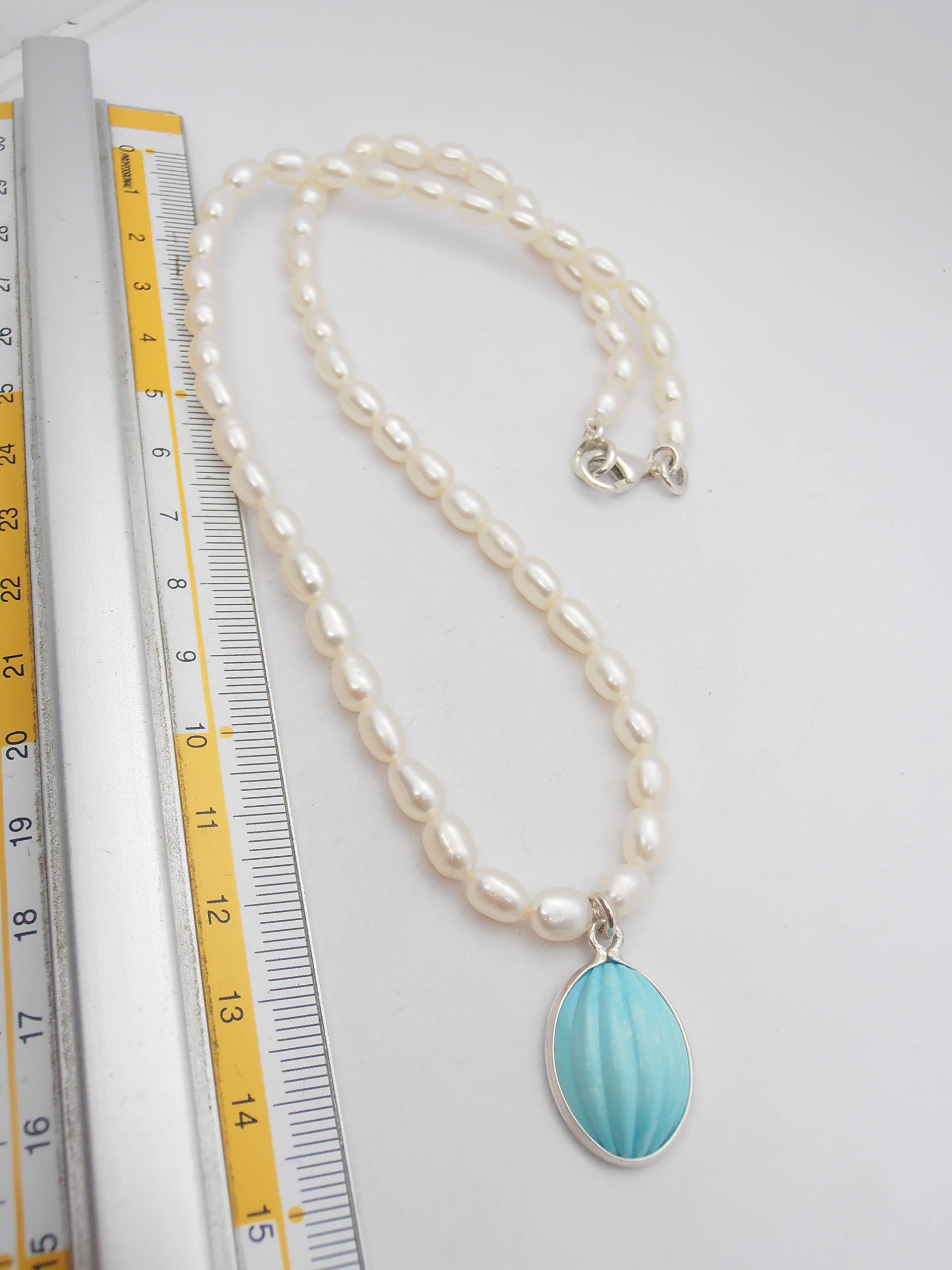 Collana di Perle d'Acqua Dolce con Ciondolo in Turchese Naturale e Argento 925 - Girocollo con Pietre Preziose