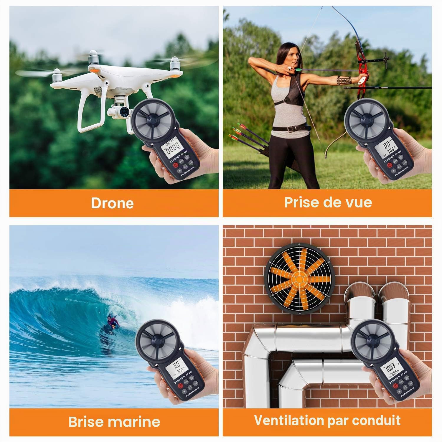 BTMETER Anémomètre numérique portatif BT-100, jauge de vitesse du vent, mesure avec précision la vitesse du vent et la température pour CFM, avec MAX/MIN/AVG, rétroéclairage LCD, CVC