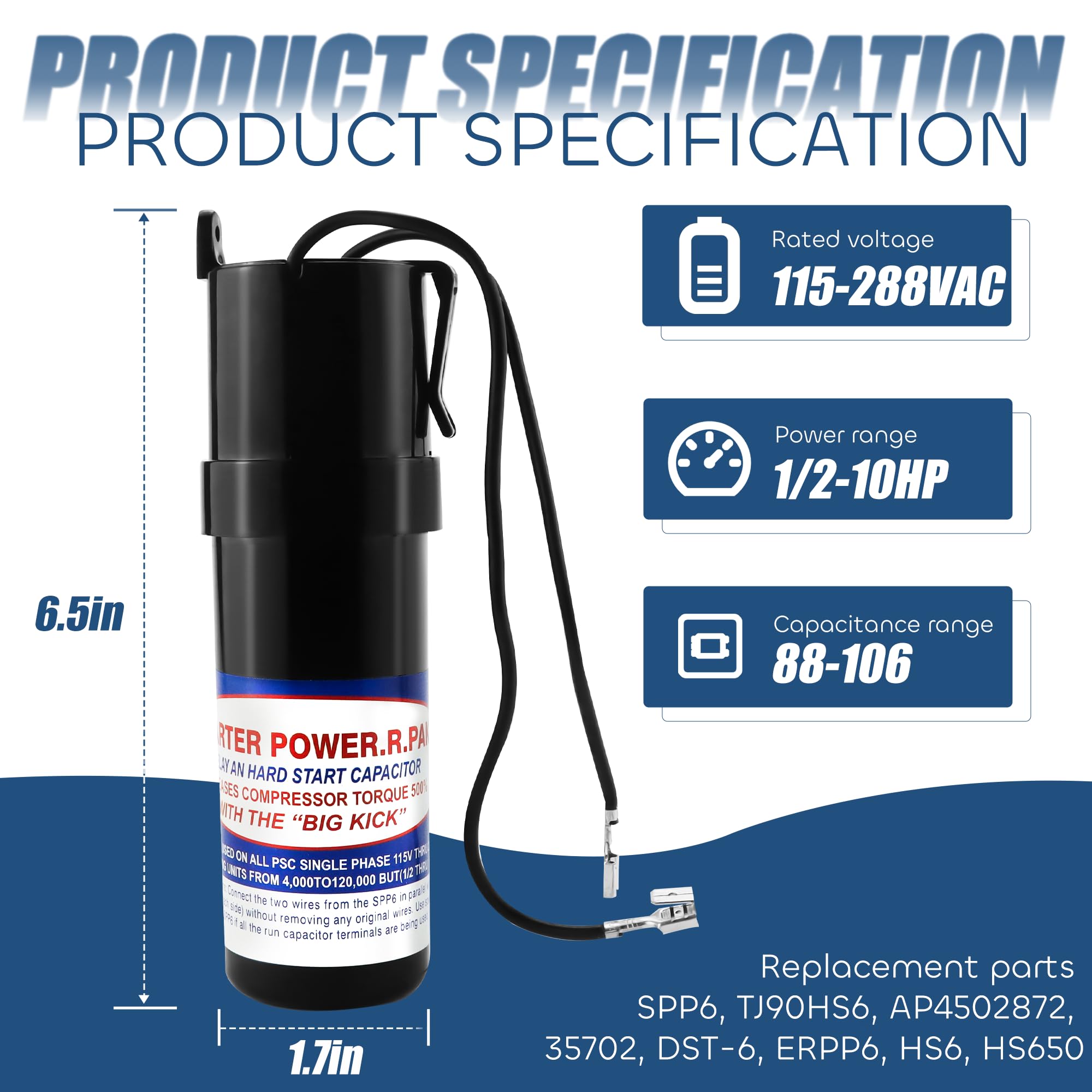 SPP6 Hard Start Capacitor for AC Compressor 120-288V AC?PTC,1/2 Thru 10 H.P.? Compatible with Su-pco Relay Increases Compressor Replaces TJ90HS6 35702 DST-6 ERPP6 HS6 HS650 by TOMOON
