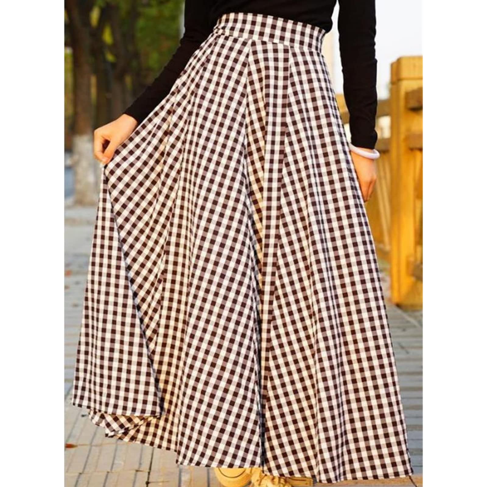 Falda larga a cuadros para mujer, falda larga de cintura alta, vestido largo, casual, elástico, falda acampanada para mujer, Negro, XXXXL
