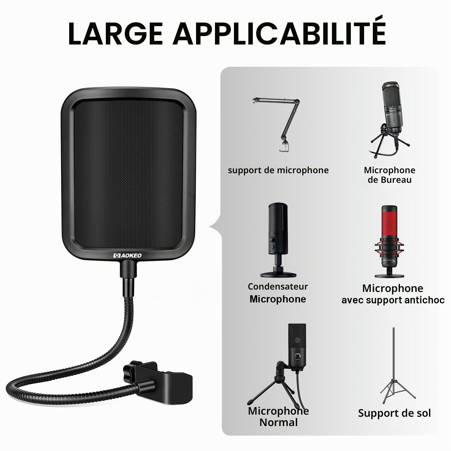 Aokeo Filtre anti-pop professionnel en métal pour microphone Blue Yeti, HyperX QuadCast et tout autre microphone, écran Wind Pop avec un bras de stabilisation flexible à 360 °