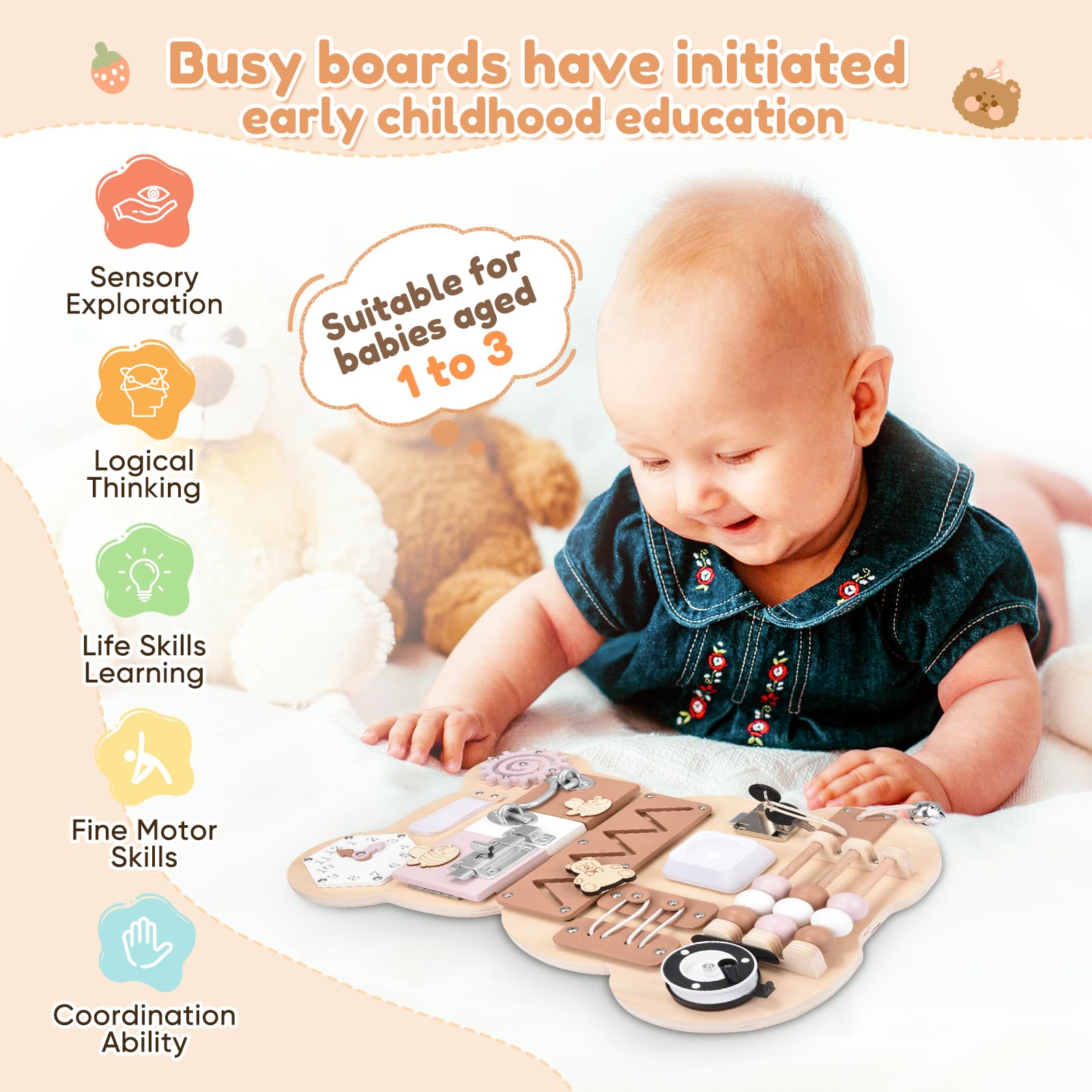 Busy Board per Bambini Pannello Sensoriale Montessori Tavole Montessori in Legno per l'apprendimento delle Abilità di Vita per 1-6 Regalo Bambini e Bambine
