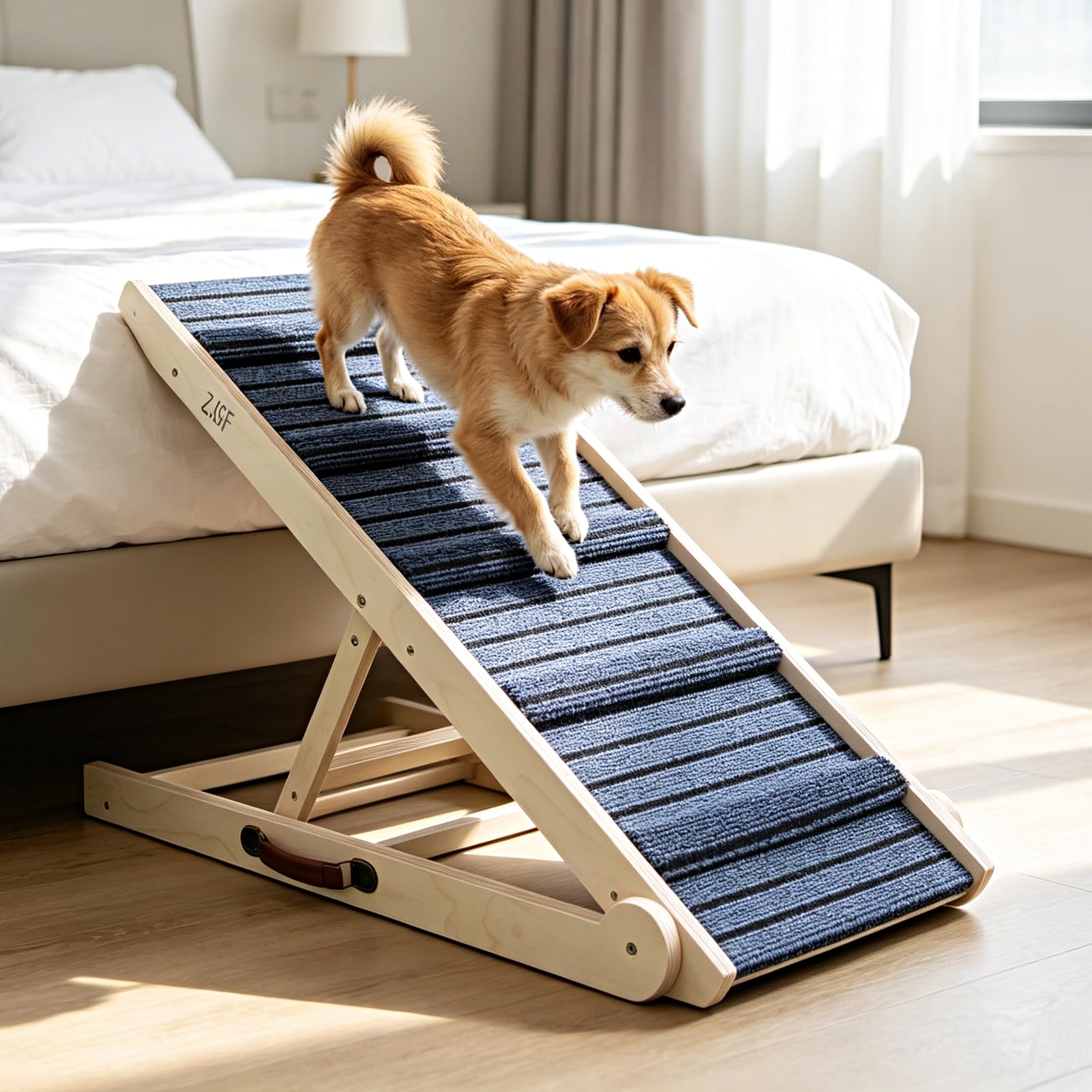 SFJC Foldable Dog Ramp for High Bed, Wooden Dog Stairs to Bed for Small and Large Dogs, High Traction Platform with 6 Adjustable Heights (12.2"-26"), 40"L, Supports up to 180 lbs