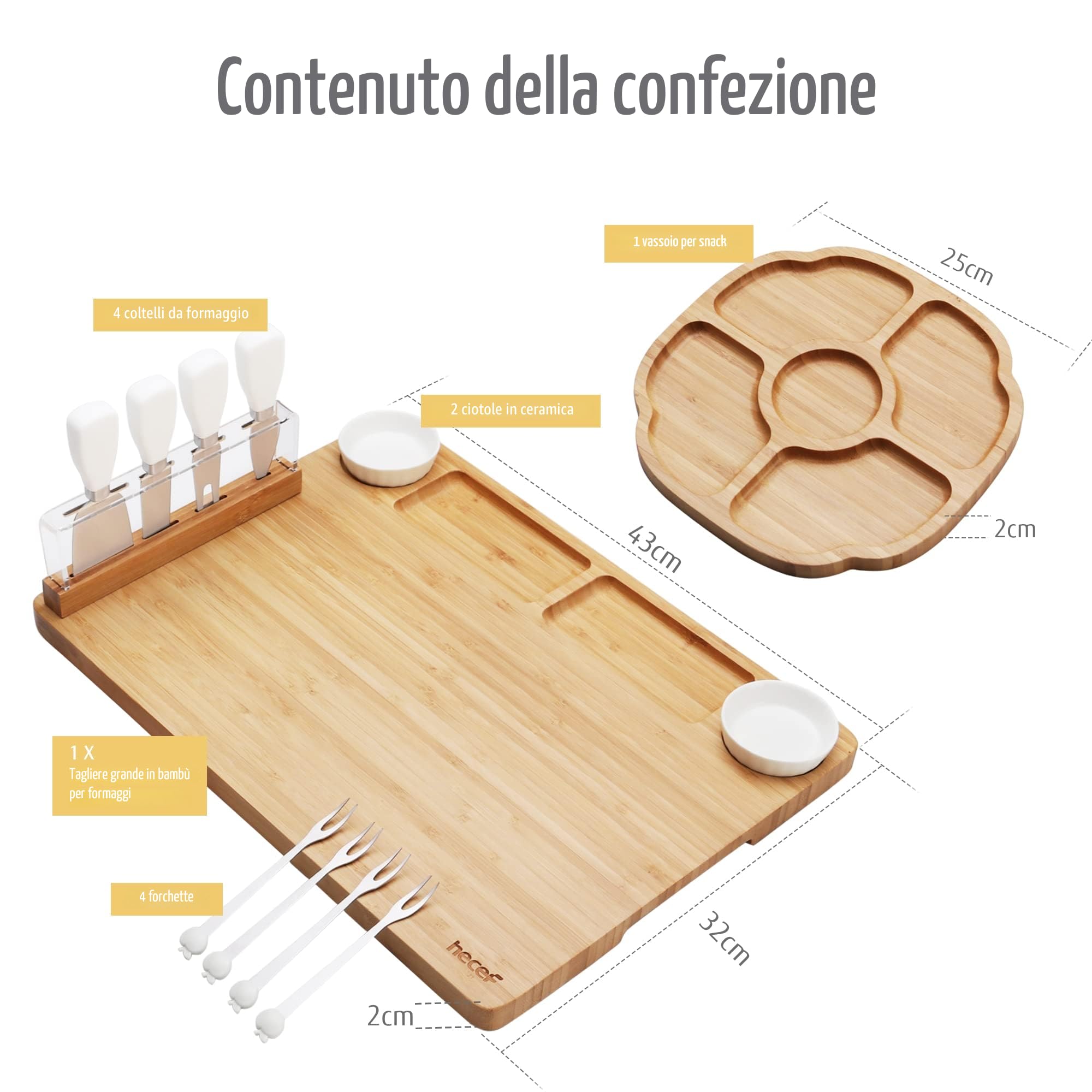 hecef Tagliere in Bambù per Formaggi e Set di Coltelli 13 pezzi - 4 Coltelli da Formaggio, 2 Ciotole in Ceramica ecc. Regali di Inaugurazione Della Casa, Regali di Anniversario