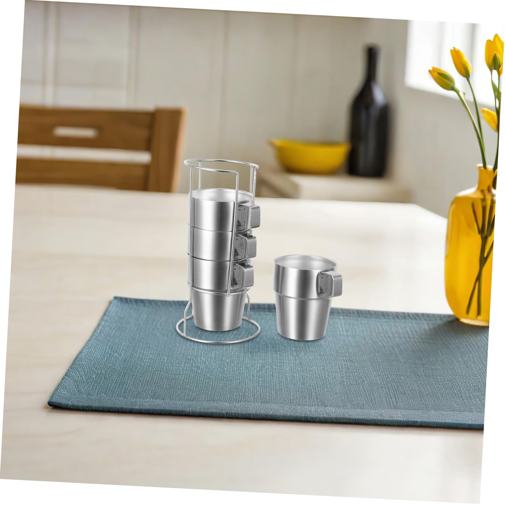 Juego de 4 Tazas Térmicas de Acero Inoxidable 300ml con Asa | Doble Pared, Apilables Rejilla, Plata, para Uso Doméstico y Salidas al Aire Libre