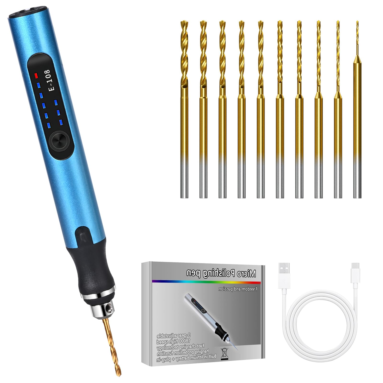 Perceuse électrique 3 vitesses rechargeable - 10 forets - Modélisme, bois, résine, bijoux - Circuit imprimé plastique - Bleu