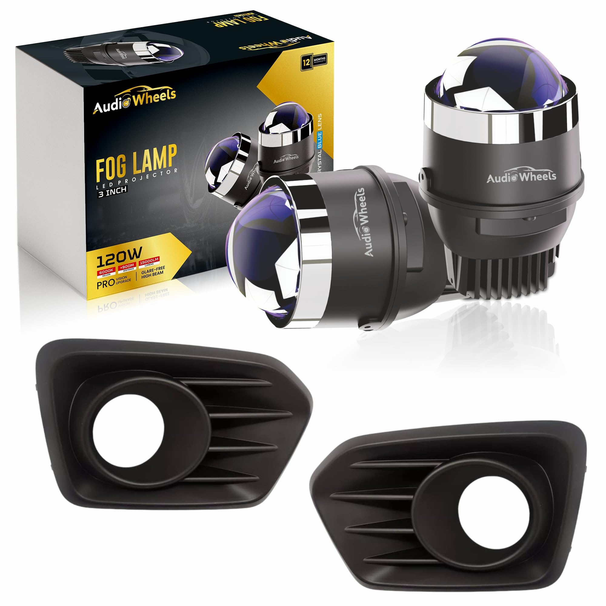 Audio Wheels 3" LED Projector Fog Lamp with Cover - 120W, Tri-Color (White/Warm/Yellow) | with Blue Tint Film | 12V/24V Fog Light for Car & Vehicle Modification | For Maruti Suzuki Brezza 2021-image-38