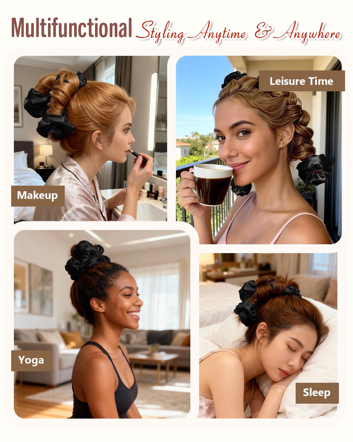 BONNET QUEEN Polifunzionale Bigodini Morbidi per Dormire, Arricciacapelli Senza Calore per la Notte, Satin Bigodino Lungo per Boccoli, Heatless Curls Hair Curler con 3 Scrunchies, Nero