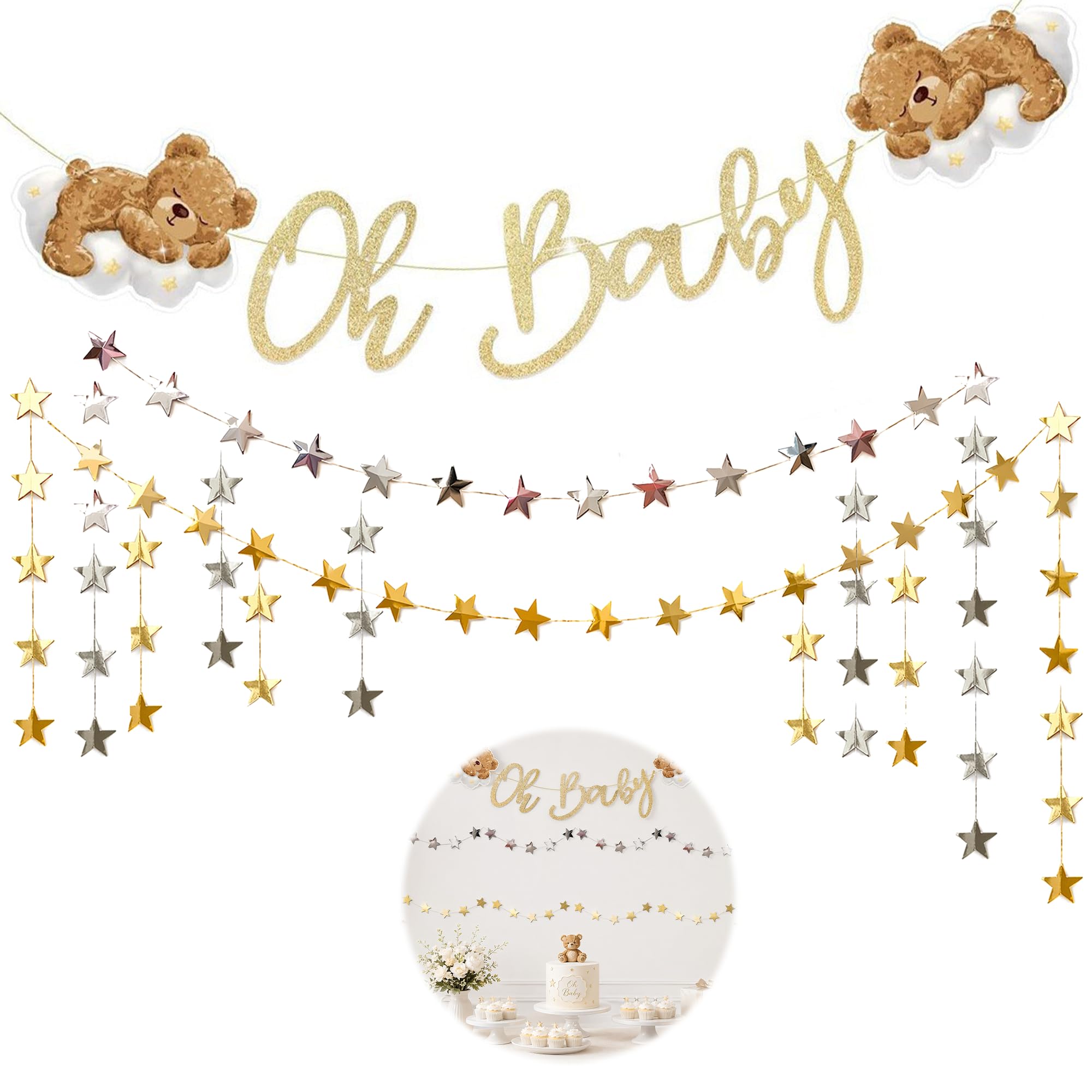 Baby Shower Banner with 2 Star Hanging Decorations, For Everyday Use