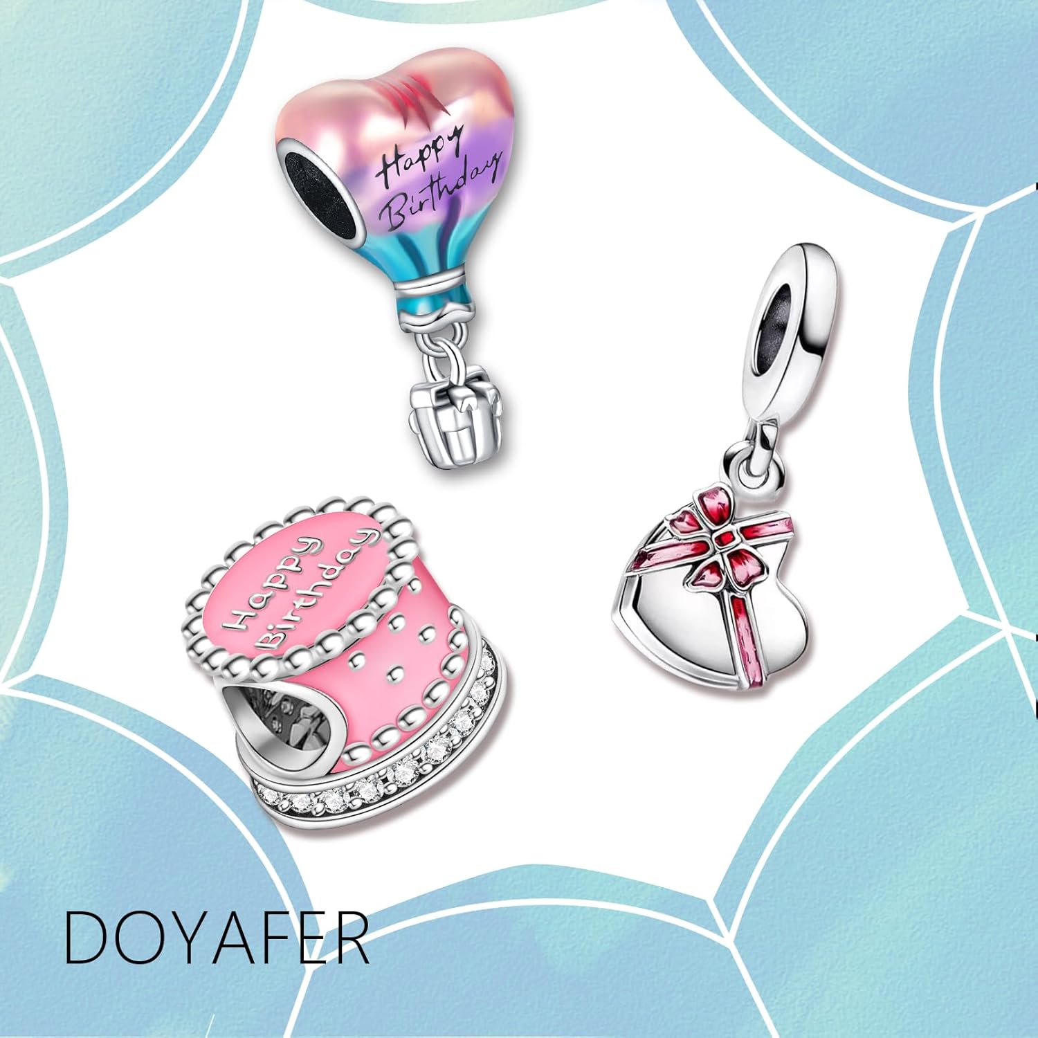 Doyafer 925 Sterling Silver Charm Set Birthday cake, Animals, Travel, Flowers, Rose gold Pendant Beads Fit Women Bracelets Necklace Gift 3-Piece/Package - Image 2