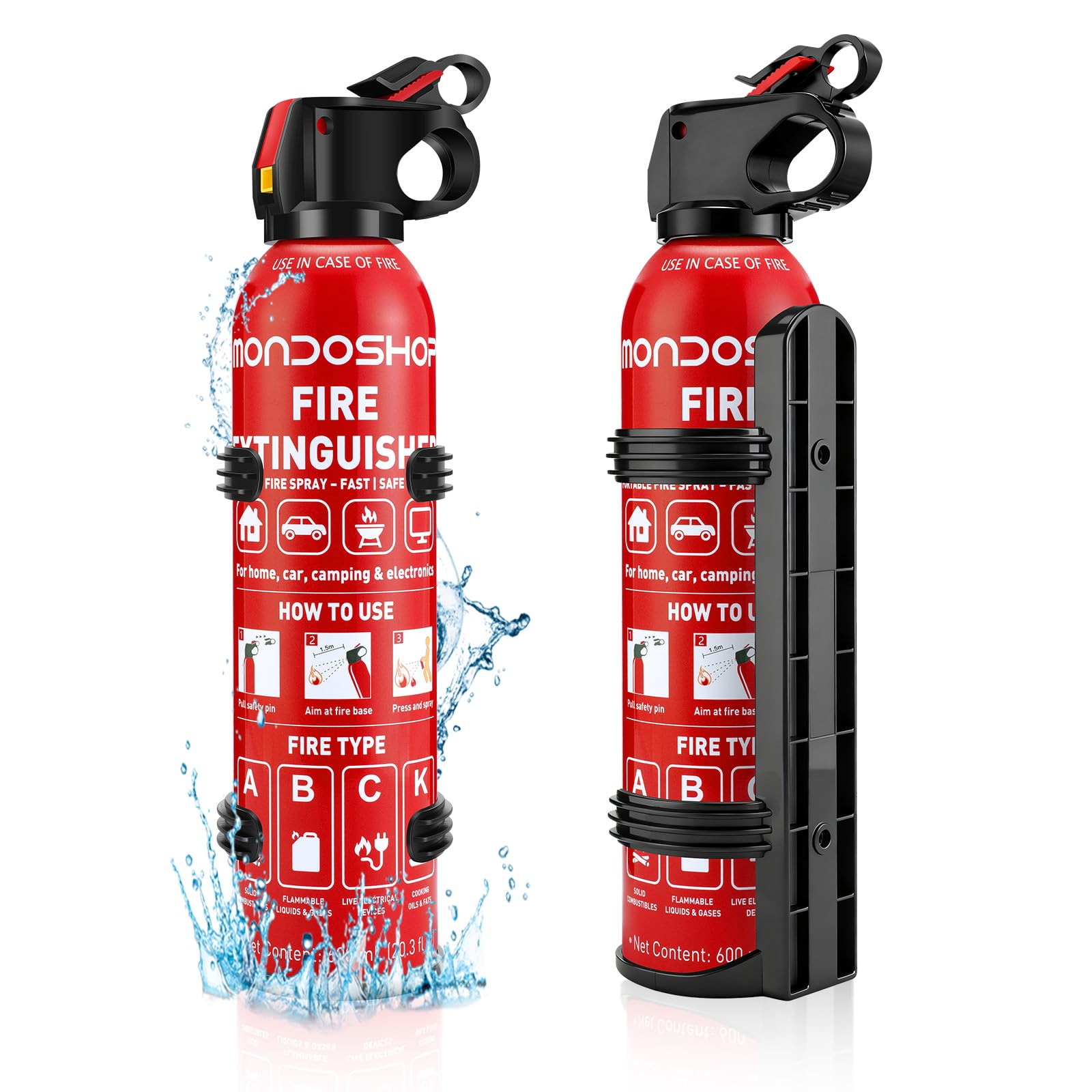 Portable Fire Extinguisher for Home and Vehicle - Mondoshop 2-Pack Water-Based Small Fire Extinguisher with Mount for A, B, C, K Fire, Suitable for Kitchen, Vehicle, Home, Car, Boat, Camping, Business