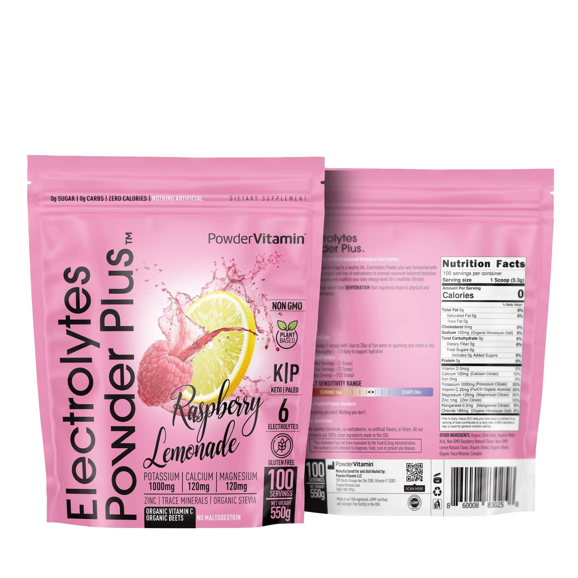 PowderVitamin Electrolytes Powder Plus (100 Servings) Raspberry Lemonade Electrolyte Powder, Zero Calorie, Keto, Zero Sugar, No Maltodextrin, 1000mg Potassium,120mg Calcium,120mg Magnesium, Hydration
