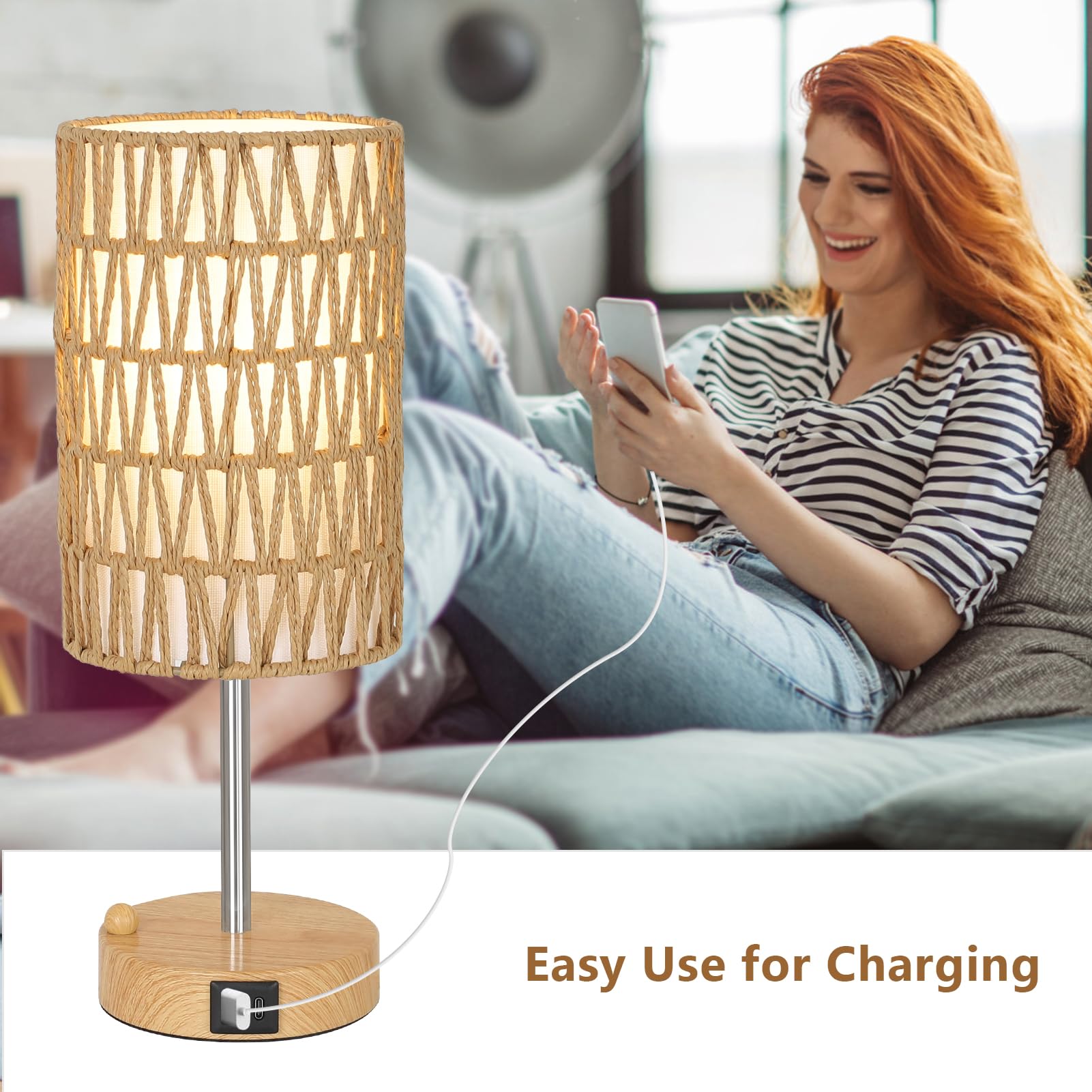 Rayofly Nachttischlampe 2er Set, Touch Dimmbar Nachttischlampe mit Ladefunktion USB A+C-Anschlüssen, Vintage Tischlampe mit Rattan Schirm & LED Glühbirne, Boho Touch Lamp für Schlafzimmer, Wohnzimmer