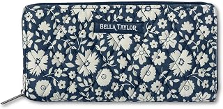 Slim Card Wallet for Women | Quilted Cotton Fabric Zip Around Credit Card Wallet with RFID Protection | Bicolor Floral Navy