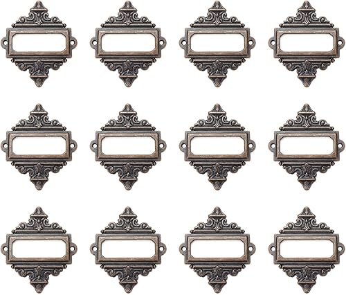 Wealrit 12 soportes para etiquetas vintage, soportes de metal para archivadores, cajones, bibliotecas de oficina, estantería, portatarjetas, marco