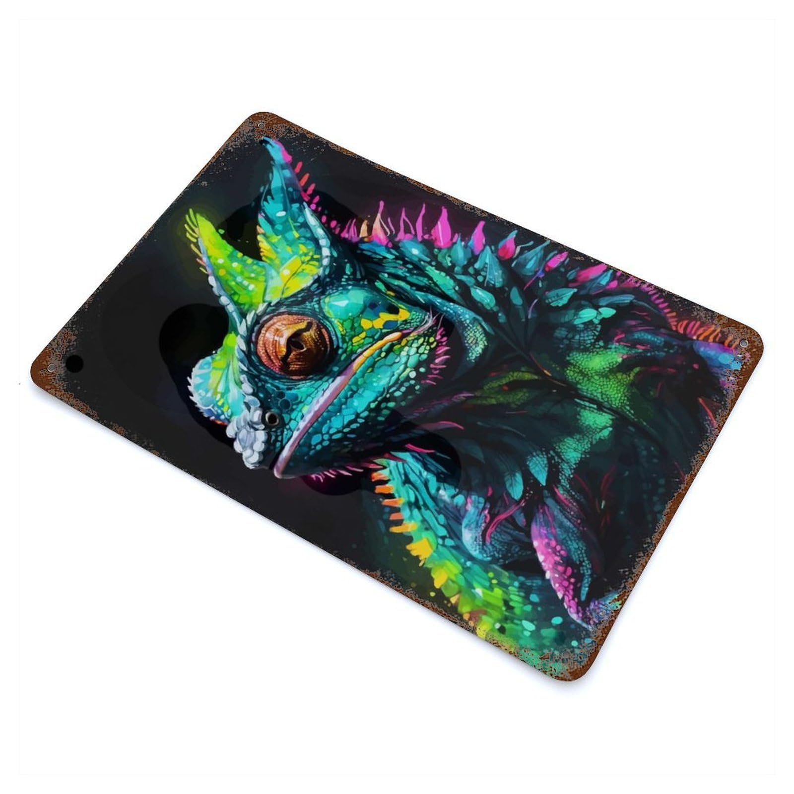 Garage Style Neon Chameleon Portrait Vintage Metal Tin Sign 11.8"x7.9", Retro Wall Decor for Bar And Workshop