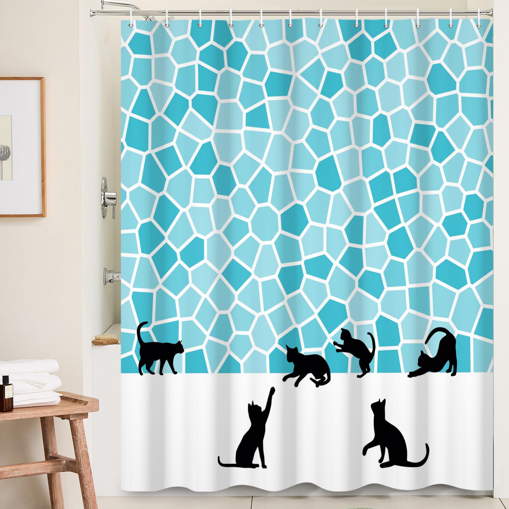 Ttincceer 180x180cm Black Cat Shower Curtain Cute Animal Kitten Silhouette Shower Curtain Set Blue Mosaic Funny Pet Bath Curtain Waterproof Bathtub Curtain