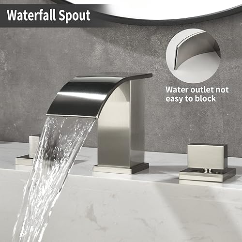 Miniatura 10 de TapLong Grifo de baño en cascada de níquel cepillado, grifo para fregadero de baño, grifo de baño generalizado de latón macizo de 3 agujeros con