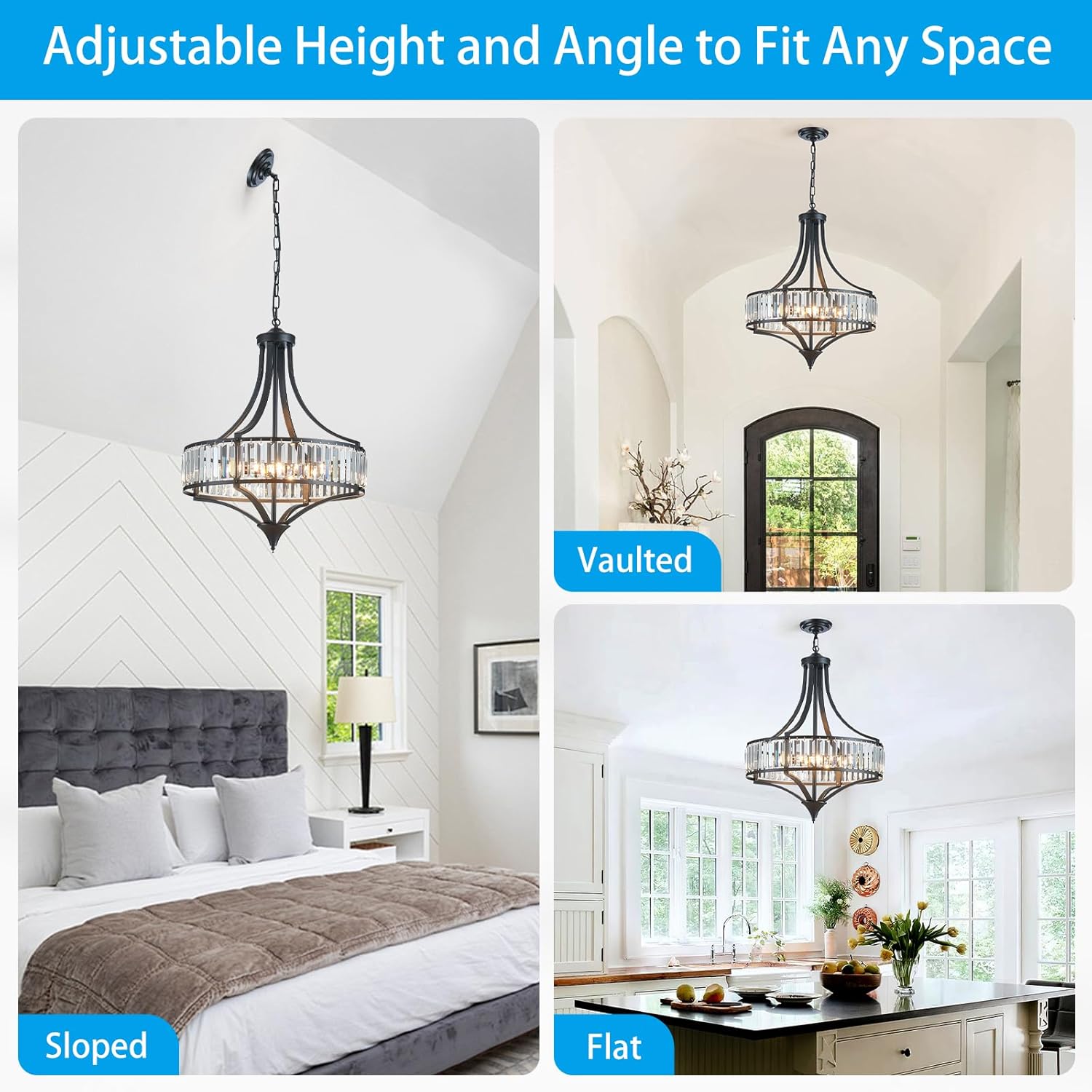 XINGQI Black Crystal Chandeliers for Dining Room, 21.6" Large Rustic Farmhouse Chandelier with Round Metal Shade, 6-Light Dining Room Light Fixture for Kitchen Island Hallway Bedroom
