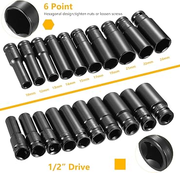10 Pcs 1/2 Impact Socket Set, Deep Impact Socket Set, 10-24mm 1/2 Drive Sockets Sets with Storage Box, for Driver Adapter, Car Home Repair