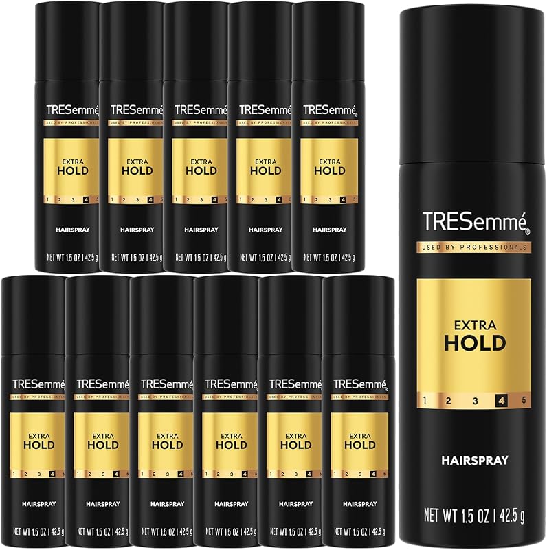 TRESemmé Travel Hairspray a granel, fijación extra, paquete de 12, 1.5 oz cada uno | Fijación 24 horas y control del encrespamiento | Paquete de mini spray para el cabello de calidad profesional | Productos de peinado para el cabello en tamaño de viaje para mujeres