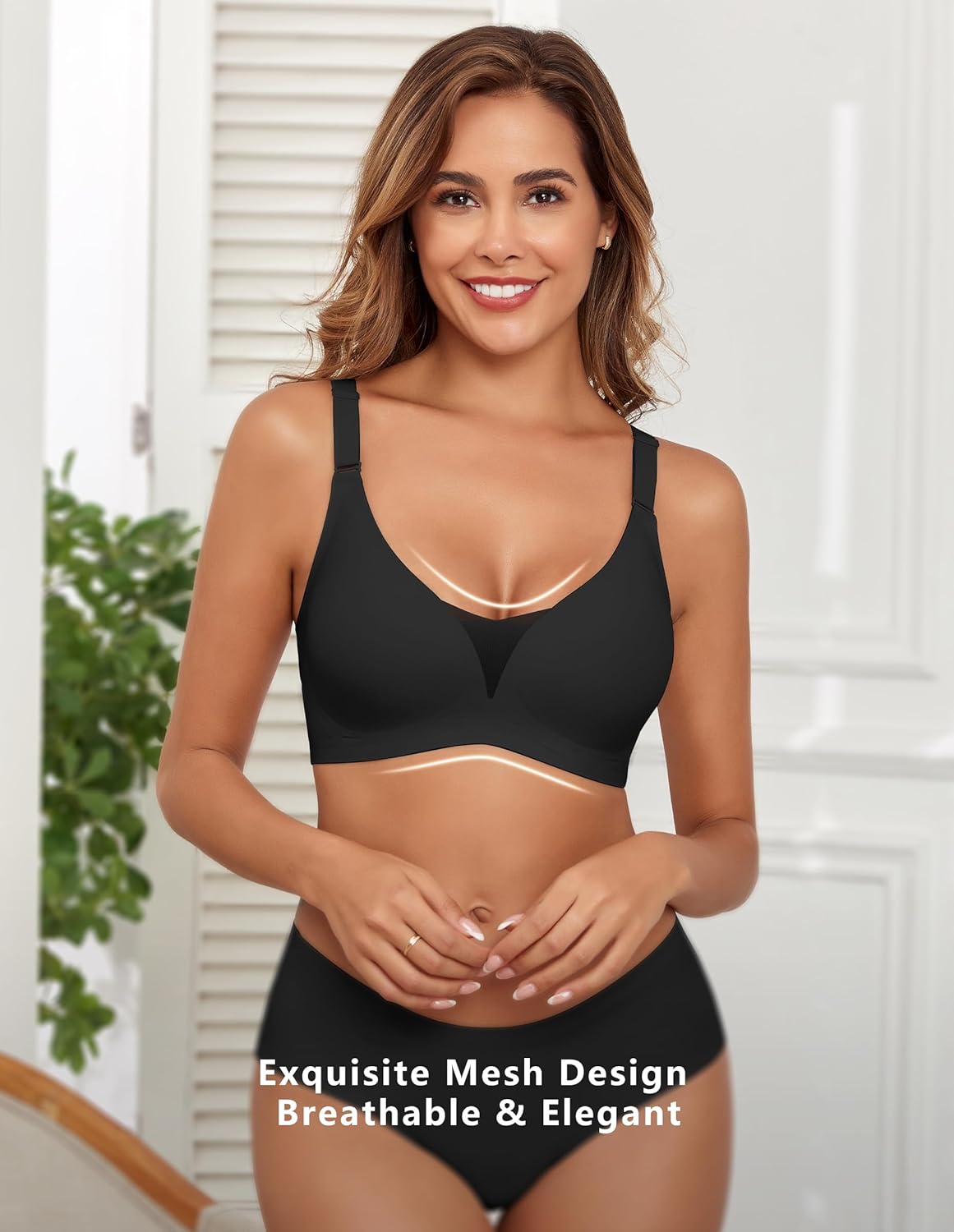 Lace V Mesh Wireless Bras Push Up Bralette Seamless Plunge Bra Everyday Bras for Women No Underwire with Extender - Image 5