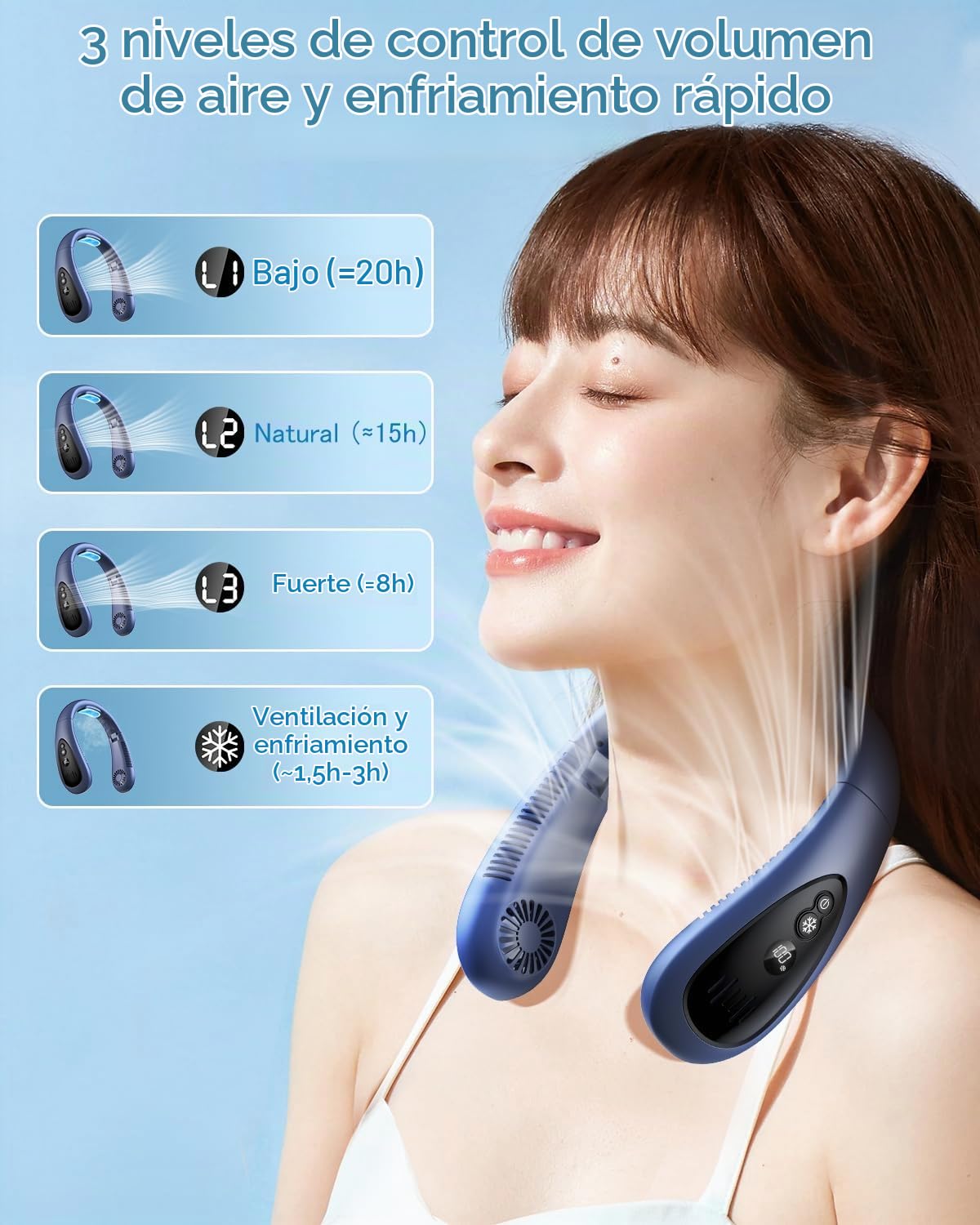 Aire acondicionado para el cuello, ventilador portátil para el cuello con placa de refrigeración, flujo de aire de refrigeración de 360°, ventilador USB recargable de 5000 mAh, manos libres, sin aspas