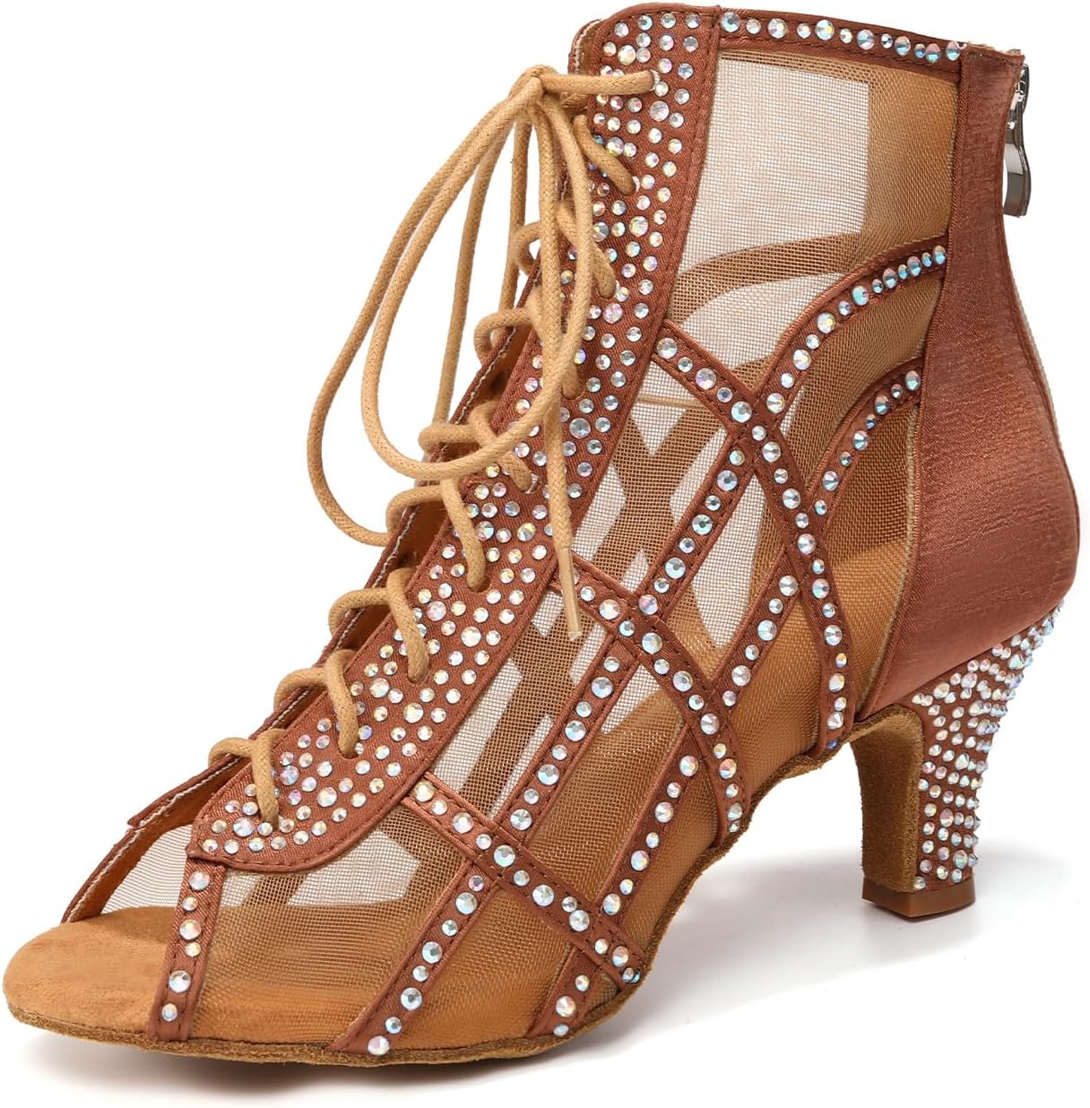 JUODVMP Dance Boots for Women Mesh Latin Salsa Short Sparkling Jazz High Heel Boots