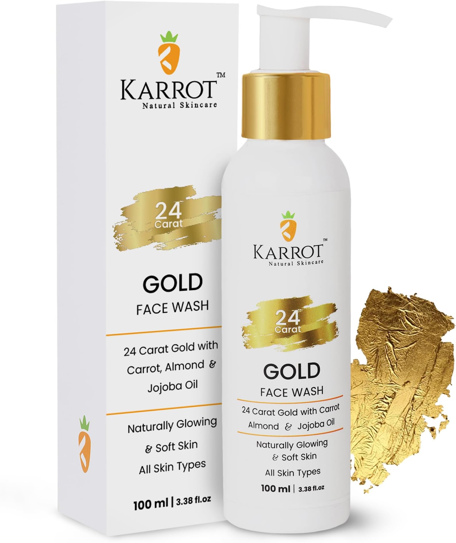 Face Wash for Glowing Skin, Boosts Radiance, 24 Carat Gold with Hyaluronic Acid, Carrot, Almond, and Jojoba Oil, For Women and Men, Suitable for All Skin Types, 100 ml