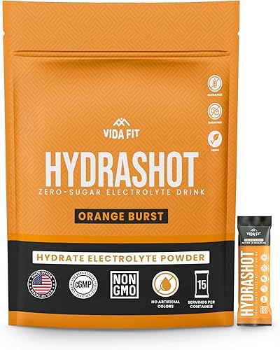 Hydrashot Fórmula de hidratación con sabor a naranja con agua de coco en polvo, calcio, magnesio, potasio y sodio, sin azúcar, paquetes de polvo de