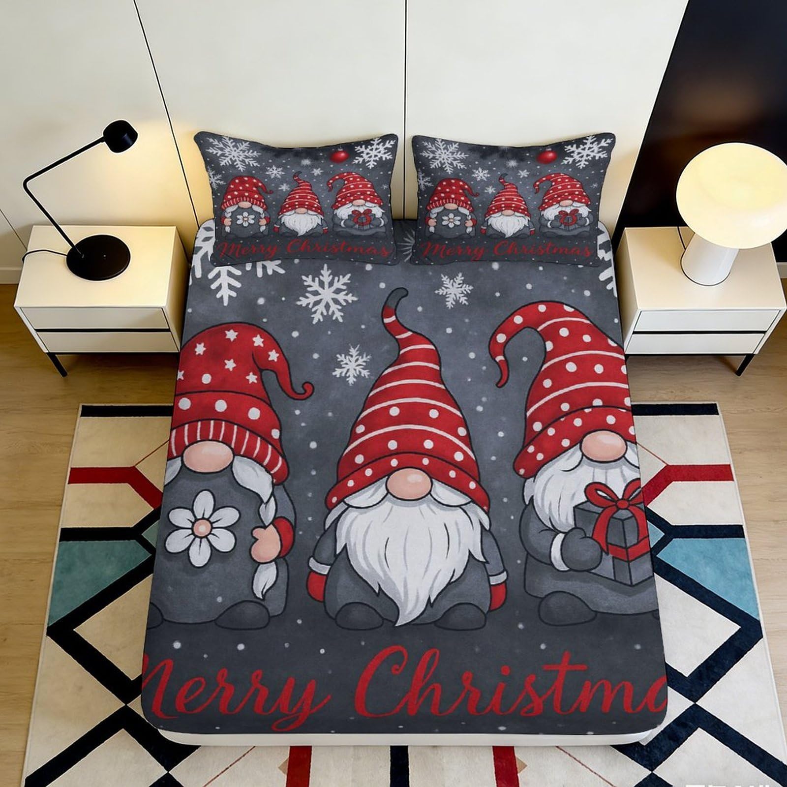 3D Printed Christmas Gnome Fitted Sheet Microfiber Soft Durable Winter Snowflakes Bed Cover for Bedroom Guest Room Mattress Protection Decoration 180x200x25cm