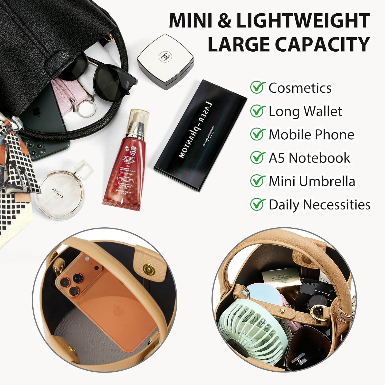 Bucket Bags for Women,Mini Crossbody Bag with Removable Shoulder Straps,Vegan Leather Handbags,Cartera de Mujer