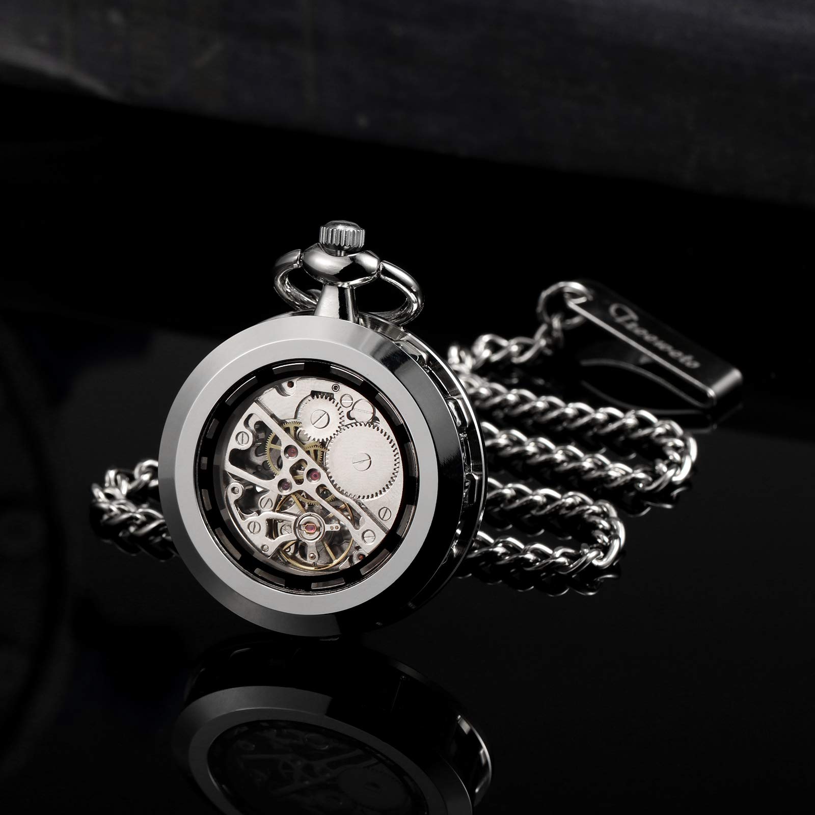 TREEWETO Taschenuhr mit Kette Herren Analog Mechanische Handaufzug Offenes Gesicht Skelett Bewegung