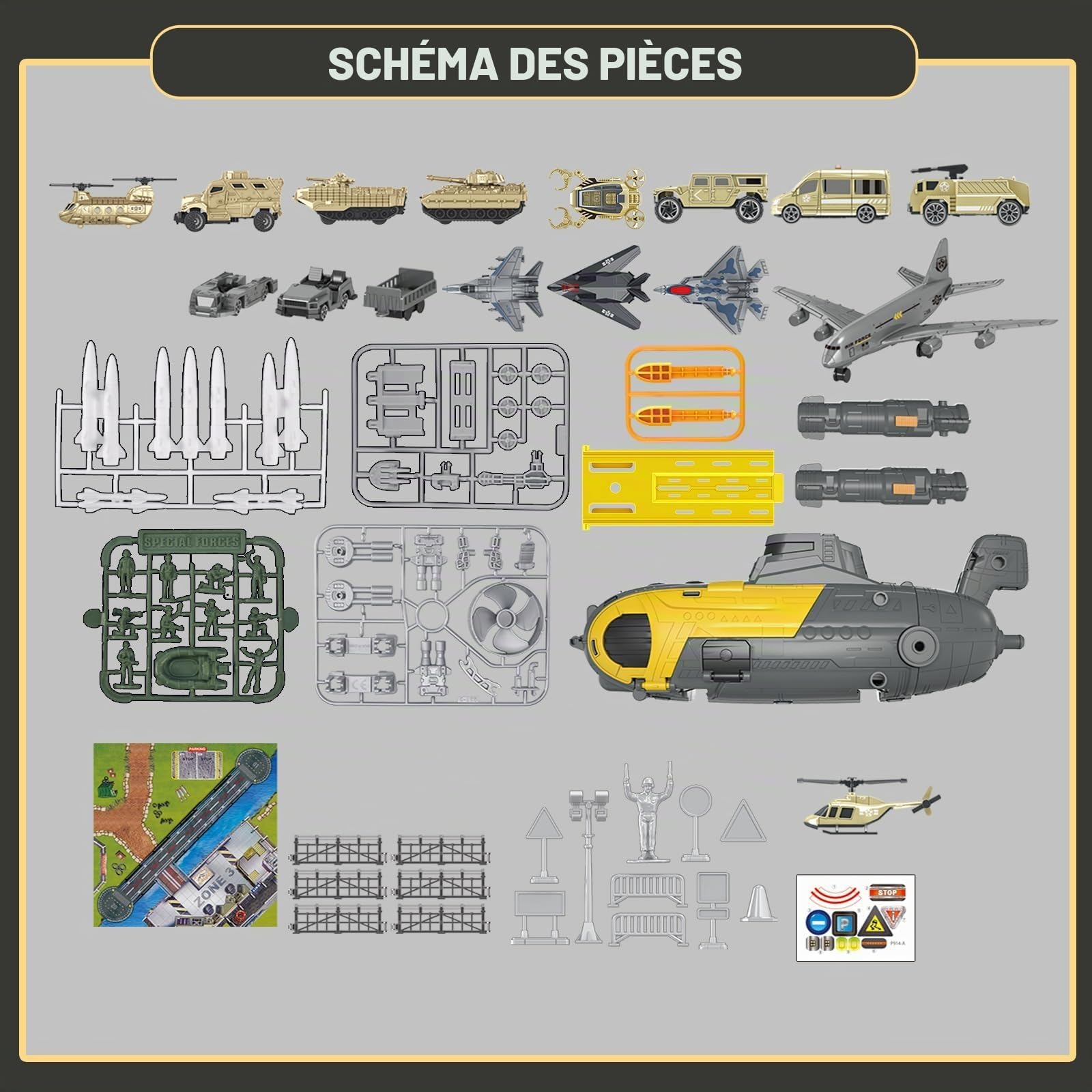 Modèle de sous-Marin Militaire,Jouet Militaire Marine,Contient 18 Types de Transport avec Panneaux de Signalisation et Tapis de Jeu,Jouet Avion,Ensemble de Jouets Porte-Avions pour Enfants 3+