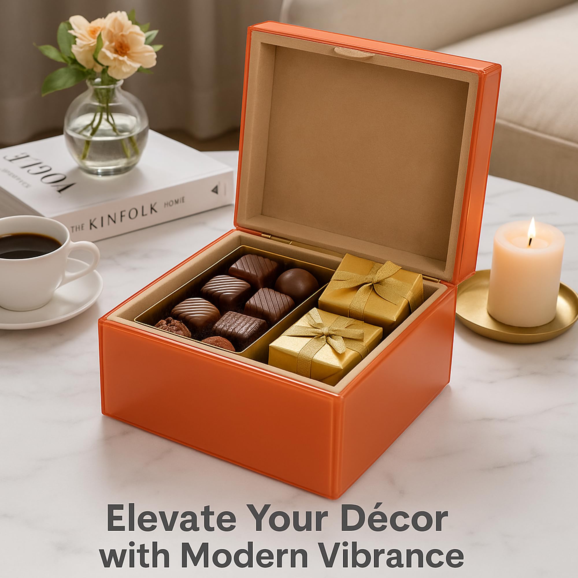 Serein Orange Glass Storage Box Elegant Decorative Square Stylish Vanity Gift Box & Functional Storage Organizer Container for Jewelry, Keepsakes & Home Décor for Diwali & Housewarming Party 3
