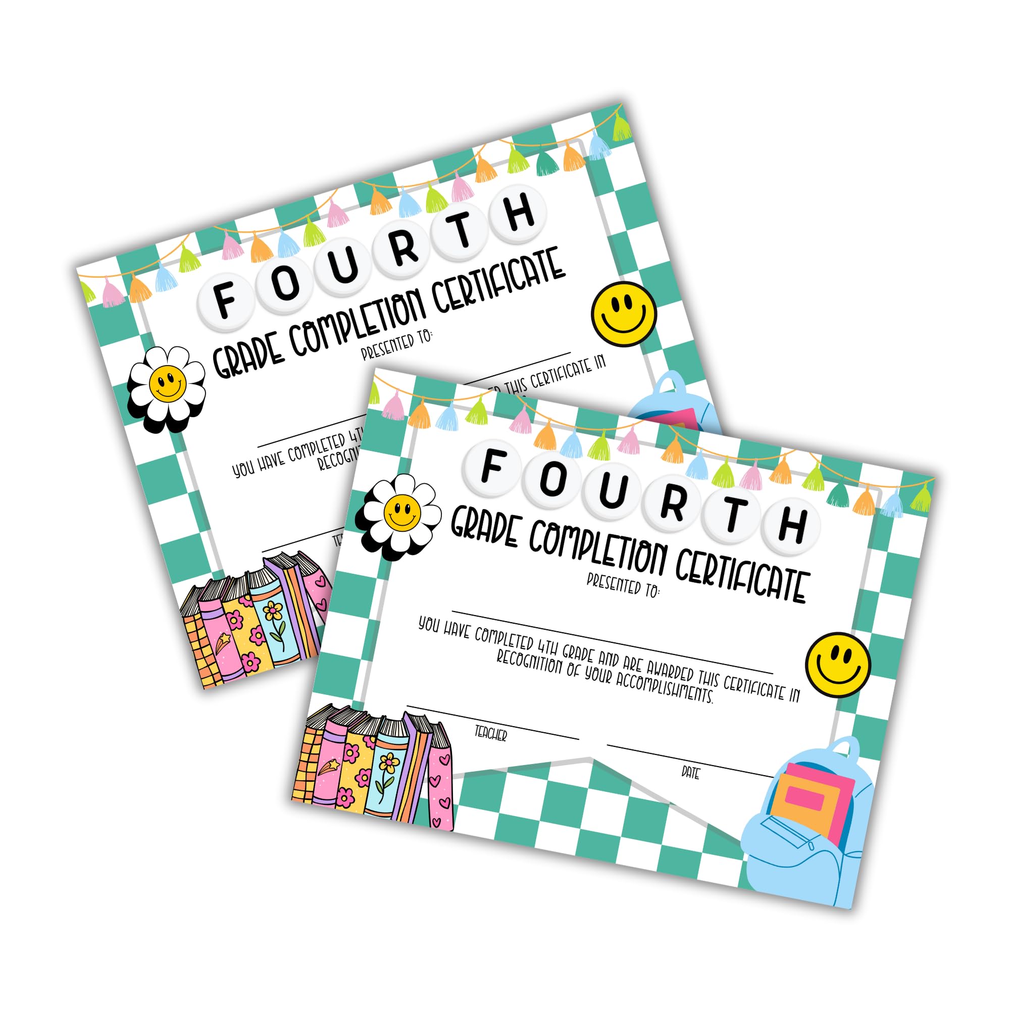 Fourth 4th Grade Certificate of Completion Graduation Diploma 30pk 8.5x11” 90’s Seed Friendship Bracelet Checkered Neutral Award Theme Trendy