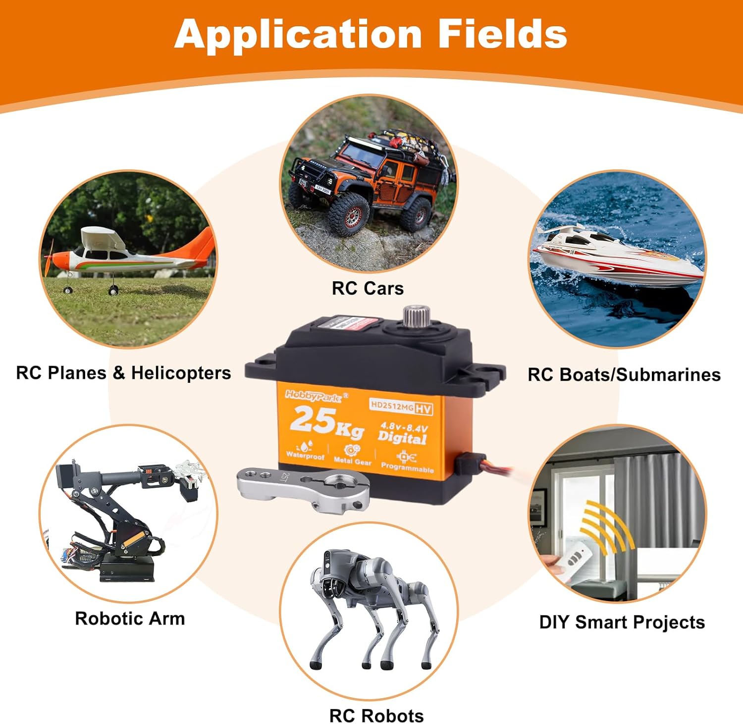 HobbyPark Waterproof 25kg Servo All Metal Gears Digital Steering Servo for 1/10 1/12 RC Car Crawler Truck Buggy Airplane Boat Robotics Project Arduino, Control Angle 180° HV Programmable
