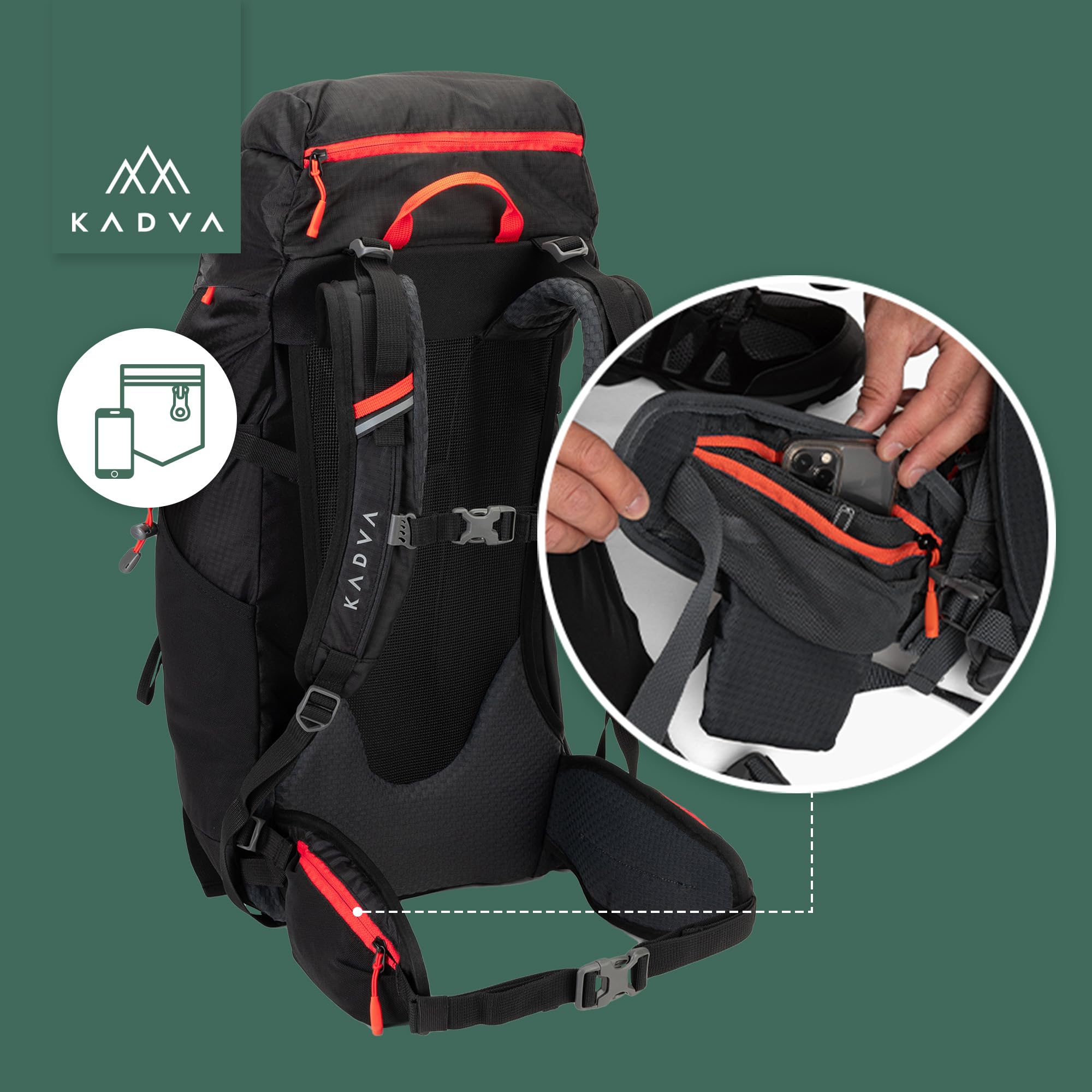 KADVA Vagabundo Mochila de trekking de 40 l, sistema de transporte Windspire Pro, material hidrófobo, funda para lluvia, correas exteriores.